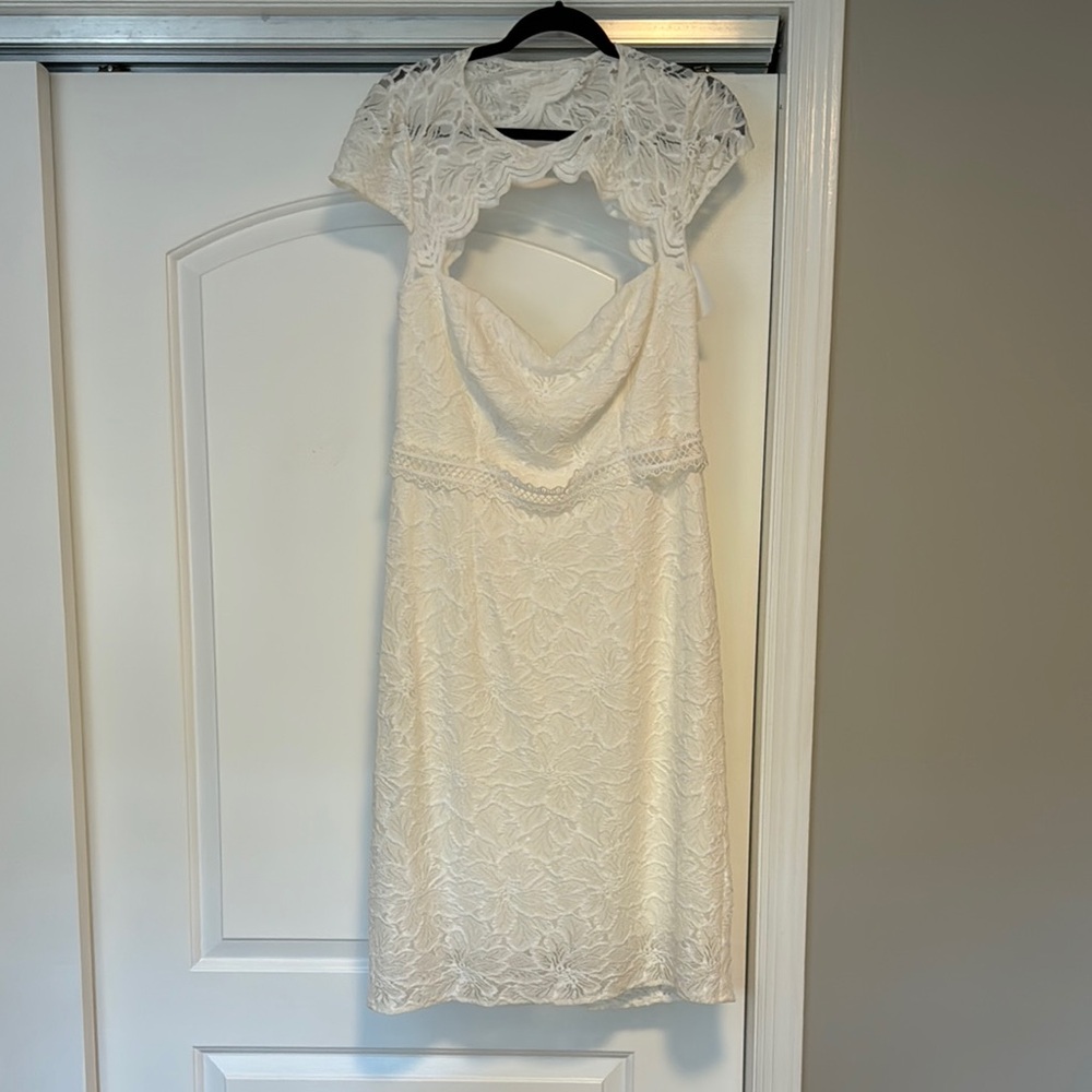 David's Bridal Ivory Lace Short Wedding Dress with Cap Sleeves